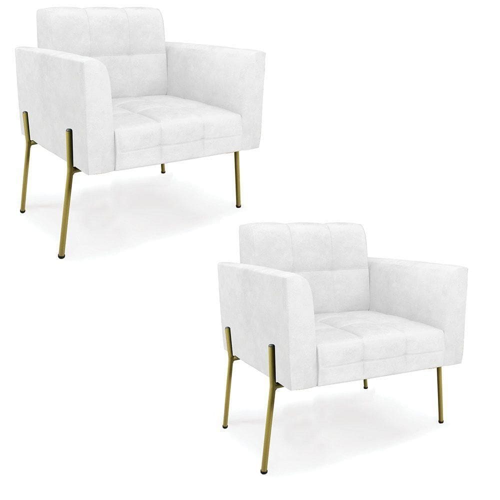Poltrona Pé De Ferro Dourado Para Sala Kit 2 Elisa Corano D03 - D`rossi Cor Branco