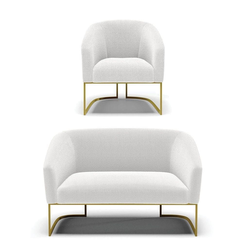 Sofá Namoradeira E Poltrona Base Industrial Dourado Stella Bouclê Off White D03 - D`rossi