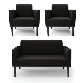 Sofá Namoradeira Com 2 Poltronas Base De Madeira Fixa Preto Marisa Suede D03 - D`Rossi Preto
