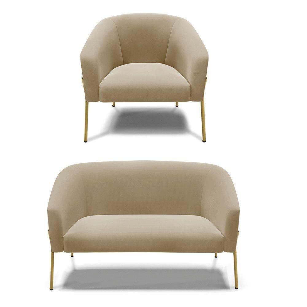 Sofá Namoradeira E Poltrona Pé De Ferro Dourado Stella Suede Marrom Rato D03 - D`rossi