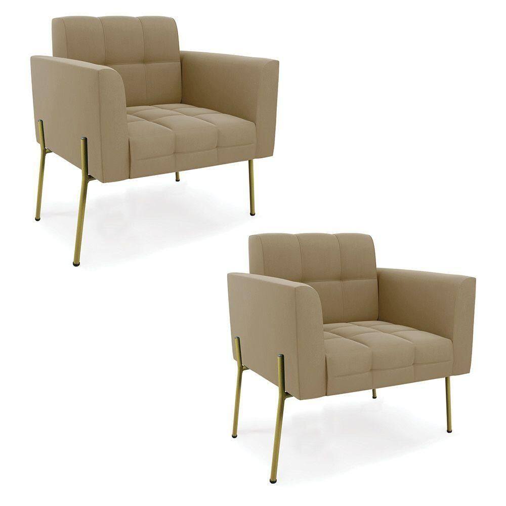 Poltrona Pé De Ferro Dourado Para Sala Kit 2 Elisa Suede Marrom Rato D03 - D`rossi
