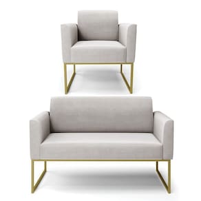Sofá Namoradeira Com Poltrona Base Industrial Dourado Marisa Veludo Cinza D03 - D`rossi