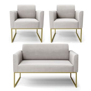 Sofá Namoradeira Com 2 Poltronas Base Industrial Dourado Marisa Veludo D03 - D\`rossi Cor Cinza