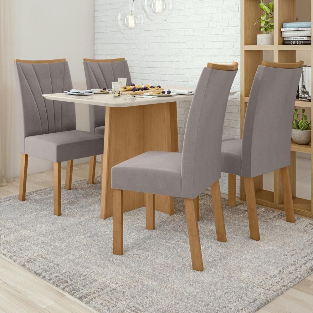Conjunto Mesa De Jantar Celebrare 1,20 C/ Vidro E 4 Cadeiras Apogeu Tecido Veludo Liso Capuccino Amendoa Clean/off White