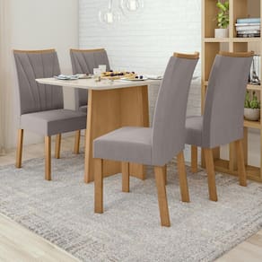Conjunto Mesa De Jantar Celebrare 1,20 C/ Vidro E 4 Cadeiras Apogeu Tecido Veludo Liso Capuccino Amendoa Clean/off White
