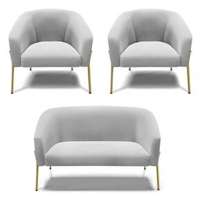 Sofá Namoradeira E 2 Poltronas Pé De Ferro Dourado Stella Suede Cinza D03 - D`rossi