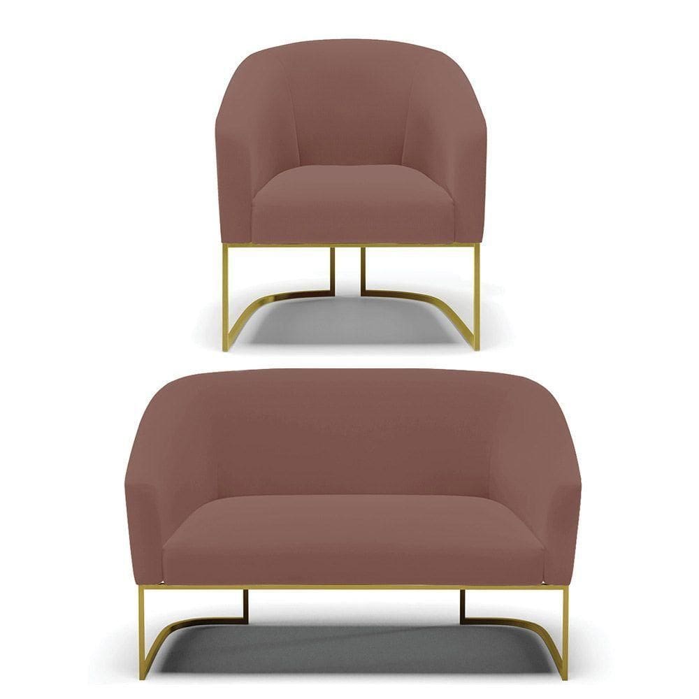 Sofá Namoradeira E Poltrona Base Industrial Dourado Stella Veludo Rosê D03 - D`rossi