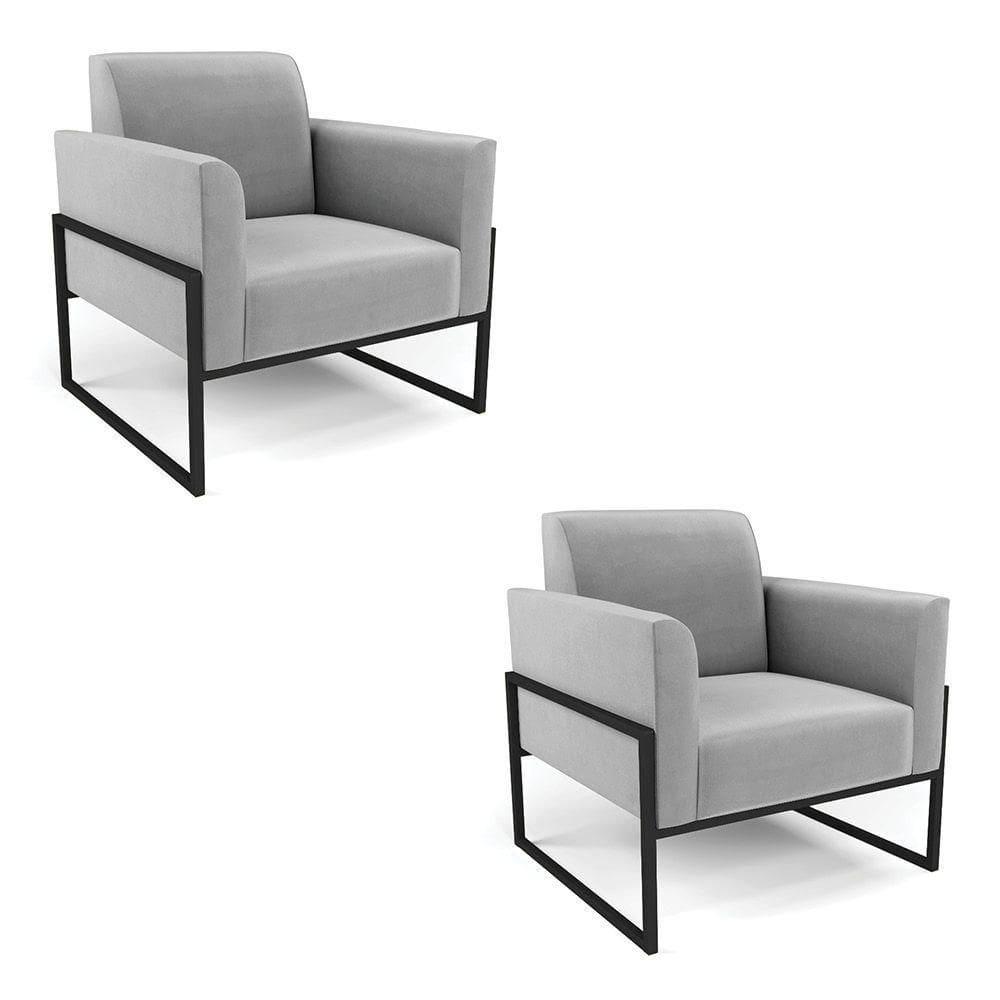 Kit 2 Poltronas Base Industrial Alta Preto Marisa Suede Cinza D03 - D\`rossi