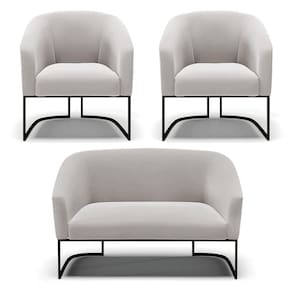 Sofá Namoradeira E 2 Poltronas Base Industrial Preto Stella Veludo Cinza D03 - D`rossi
