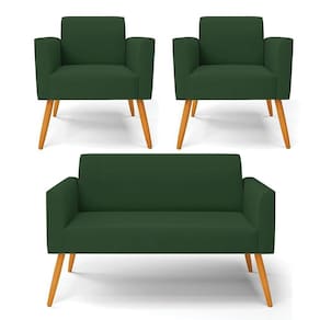 Sofá Namoradeira Com 2 Poltronas Pés Palito Castanho Marisa Veludo Verde D03 - D`rossi
