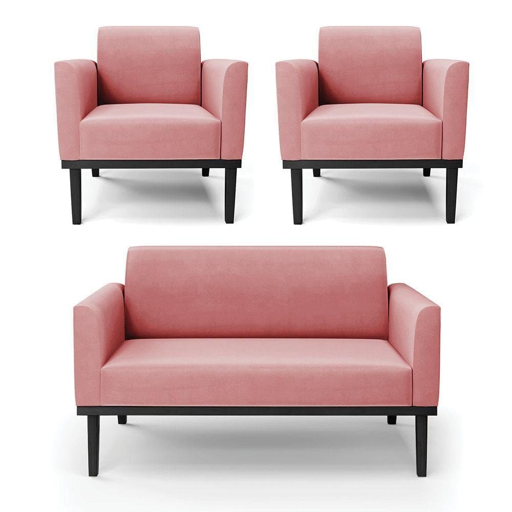 Sofá Namoradeira Com 2 Poltronas Base De Madeira Fixa Preto Marisa Suede D03 - D`Rossi Rose