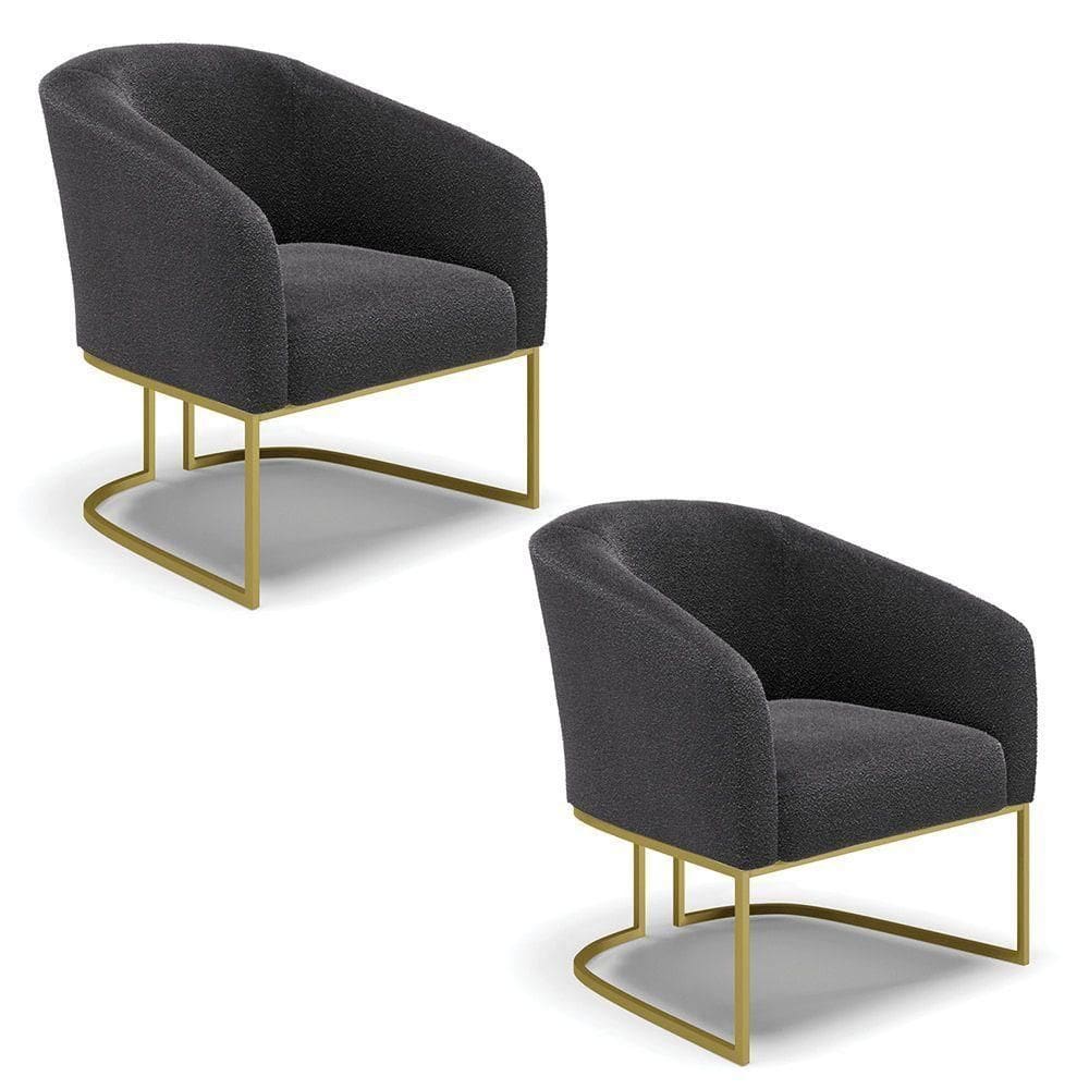 Kit 2 Poltronas Stella Bouclê Grafite Base Metálica Industrial Dourado - D`rossi