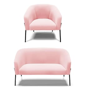 Sofá Namoradeira E Poltrona Pé De Ferro Preto Stella Suede D03 - D`rossi Cor Rosa Bebê