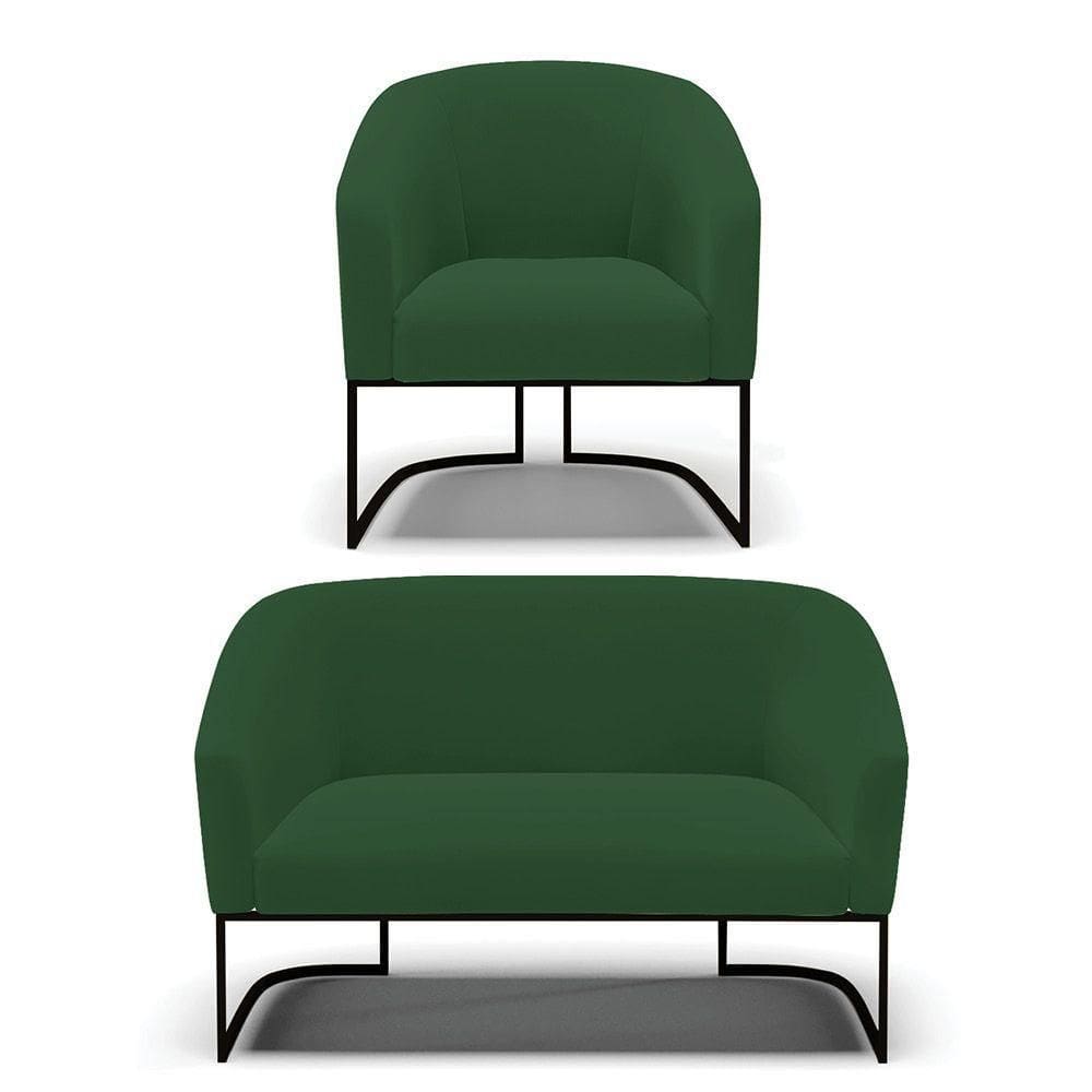 Sofá Namoradeira E Poltrona Base Industrial Preto Stella Veludo Verde D03 - D`rossi