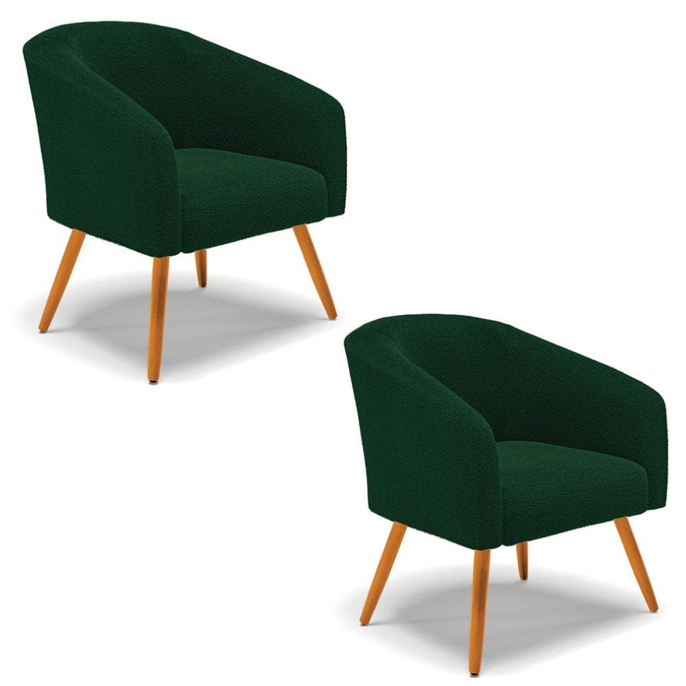 Poltrona Para Sala Pé Palito Castanho Kit 2 Stella Bouclê Verde D03 - D`Rossi