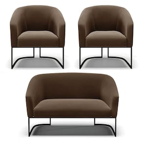 Sofá Namoradeira E 2 Poltronas Base Industrial Preto Stella Suede Marrom D03 - D`rossi