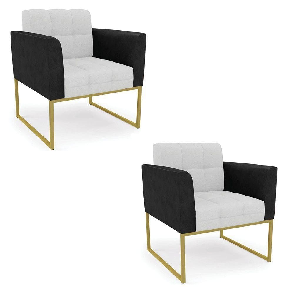 Poltrona Base Industrial Dourado Kit 2 Elisa Preto-linho Cinza A05 D03 - D`rossi