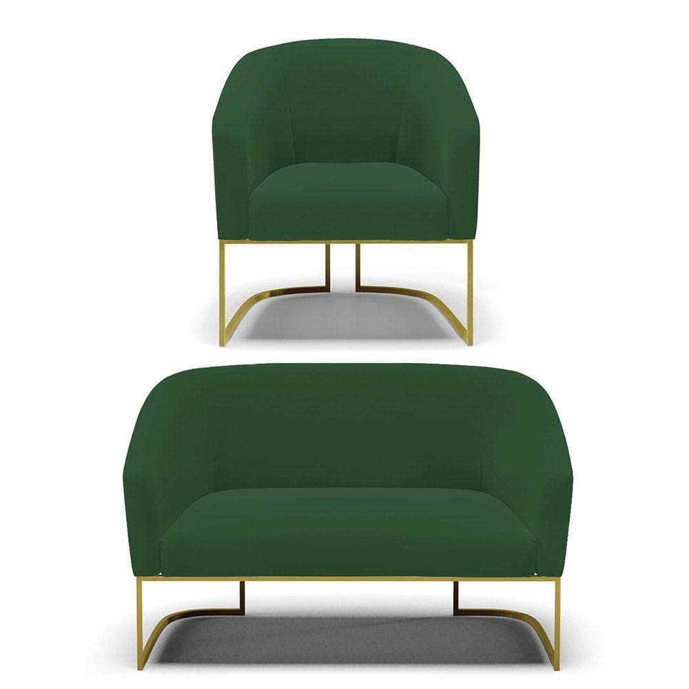 Sofá Namoradeira E Poltrona Base Industrial Dourado Stella Veludo Verde D03 - D`rossi