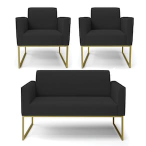 Sofá Namoradeira Com 2 Poltronas Base Industrial Dourado Marisa Veludo Preto D03 - D`rossi