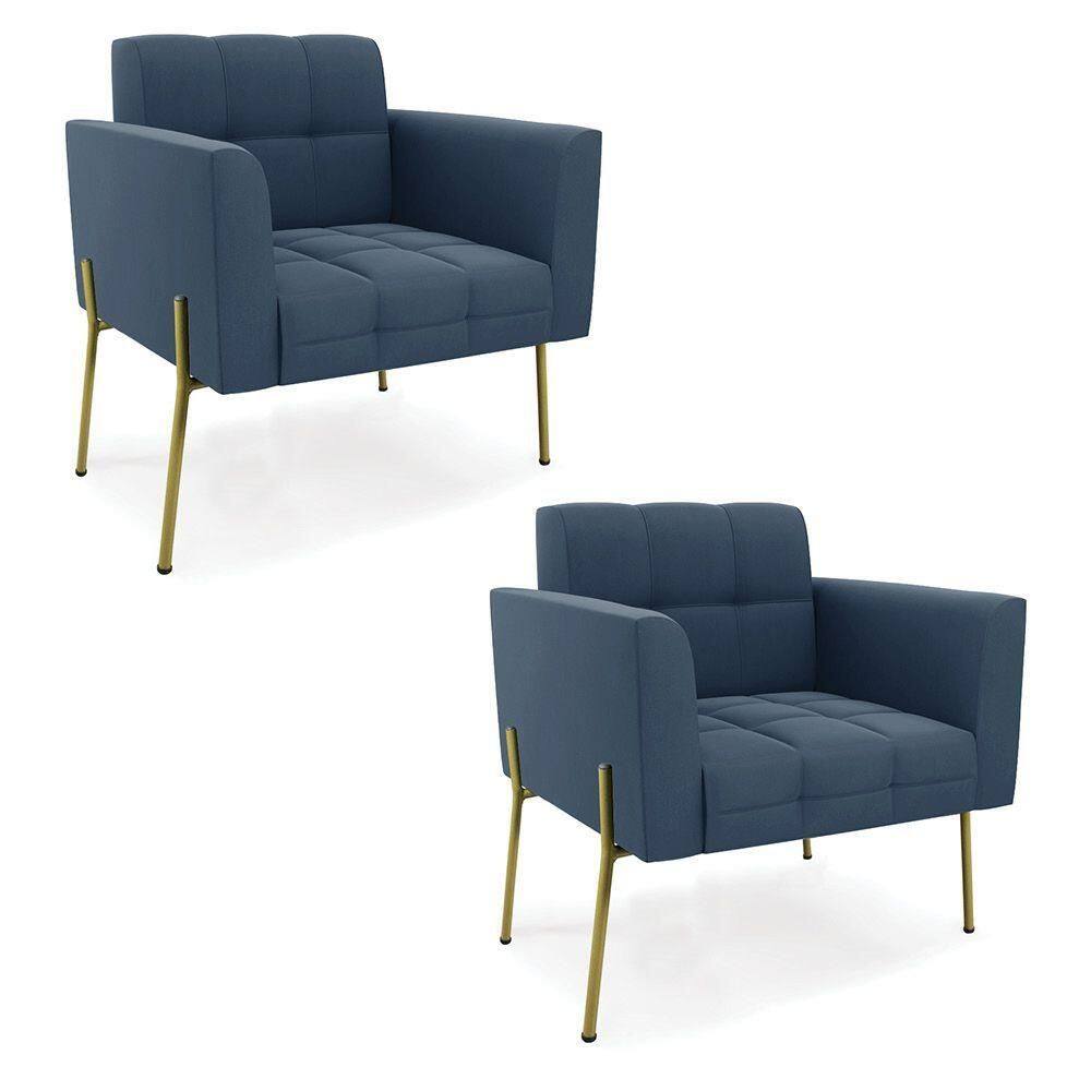 Poltrona Pé De Ferro Dourado Para Sala Kit 2 Elisa Suede Azul Marinho D03 - D`rossi
