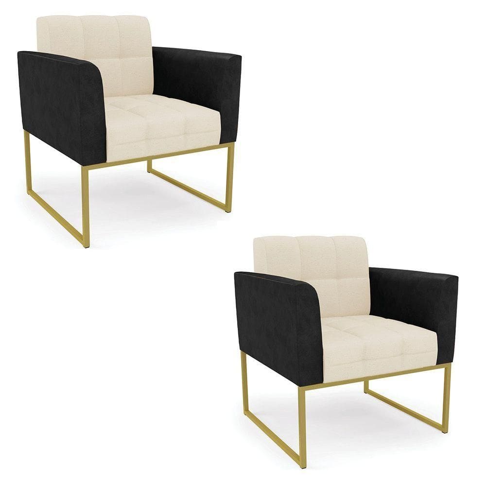 Poltrona Base Industrial Dourado Kit 2 Elisa Preto-linho Bege A19 D03 - D`rossi