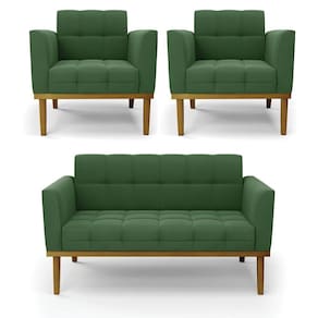 Namoradeira E 2 Poltronas Base De Madeira Castanho Elisa Suede Verde D03 - D`rossi