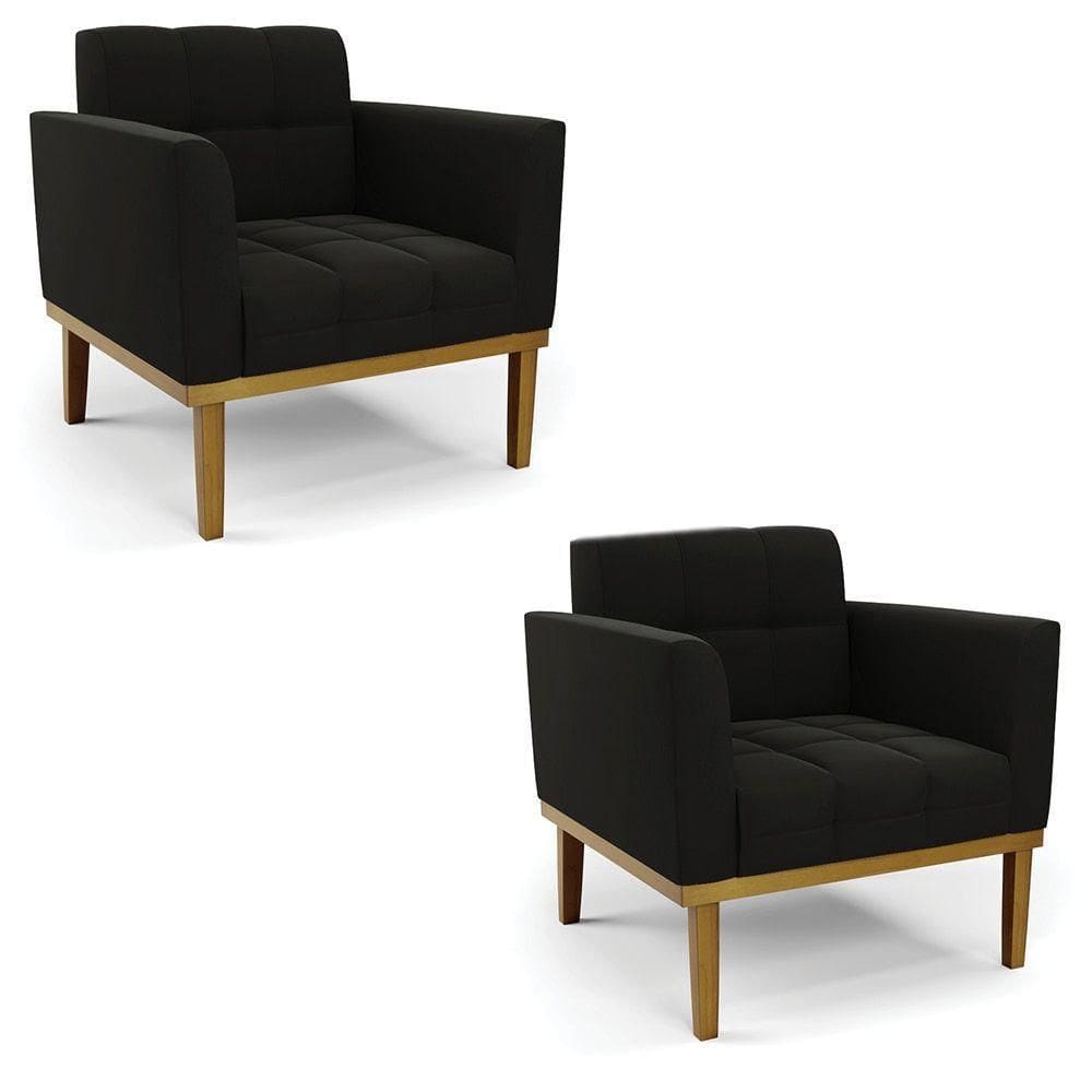 Poltrona Base De Madeira Fixa Castanho Kit 2 Elisa Suede Preto D03 - D`rossi