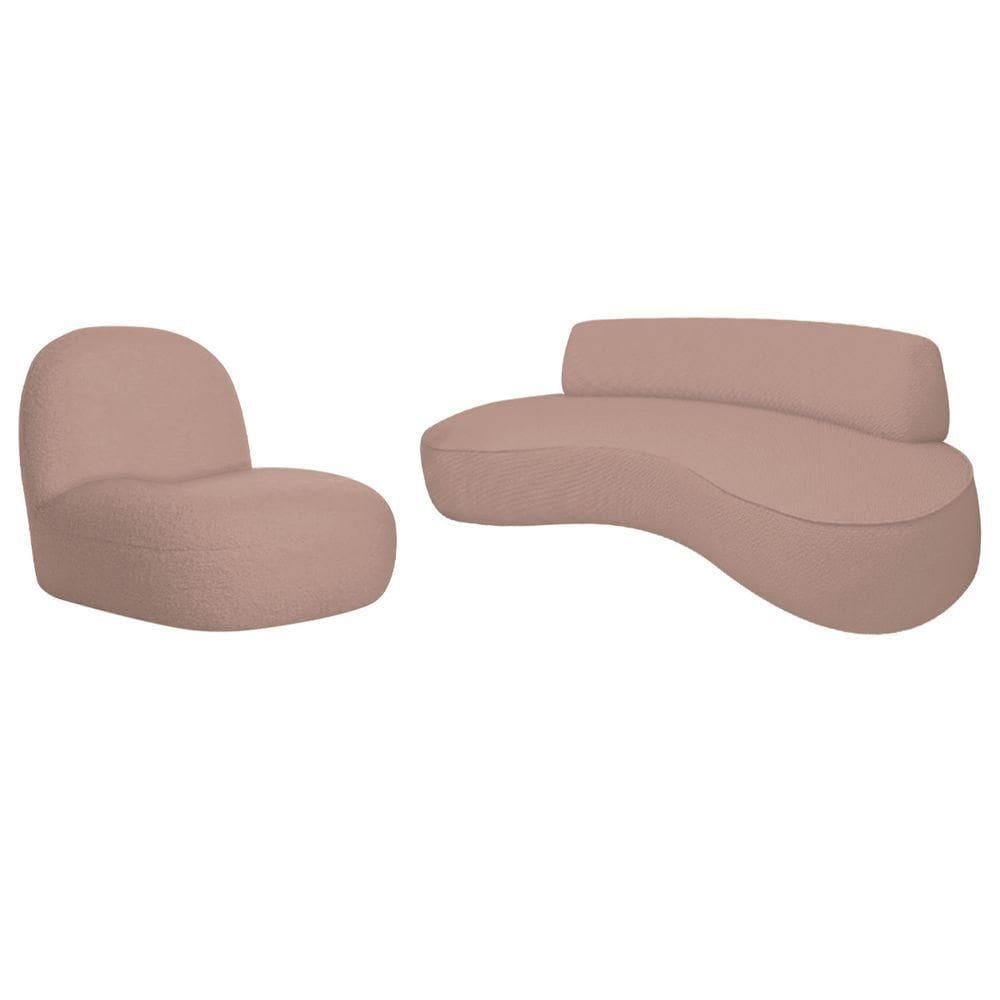 Sofá Curvo 140cm 2 Lugares E 1 Poltrona Amsterdã Linho - Adj Decor Cor Rosê