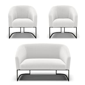 Sofá Namoradeira E 2 Poltronas Base Industrial Preto Stella Bouclê Off White D03 - D`rossi