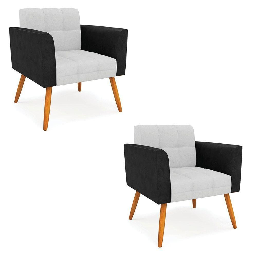 Poltrona Pés Palito Castanho Kit 2 Elisa Preto-linho Cinza A05 D03 - D`rossi