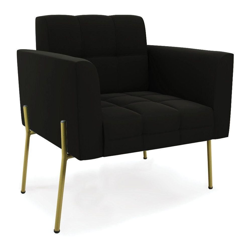 Poltrona Pé De Ferro Dourado Para Sala Elisa Suede Preto D03 - D`rossi