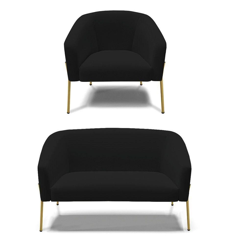 Sofá Namoradeira E Poltrona Pé De Ferro Dourado Stella Linho D03 - D`rossi Cor A79 Preto