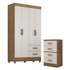 Guarda Roupa Solteiro 4 Portas e Cômoda 4 Gavetas Lite Nature Off White - Móveis Leão