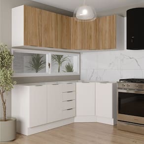 Cozinha Modulada 6 Peças sem Tampo com Rodapé 3 Aéreos e 3 Balcões Ipanema Cabecasa Madeiramadeira Branco/Acácia