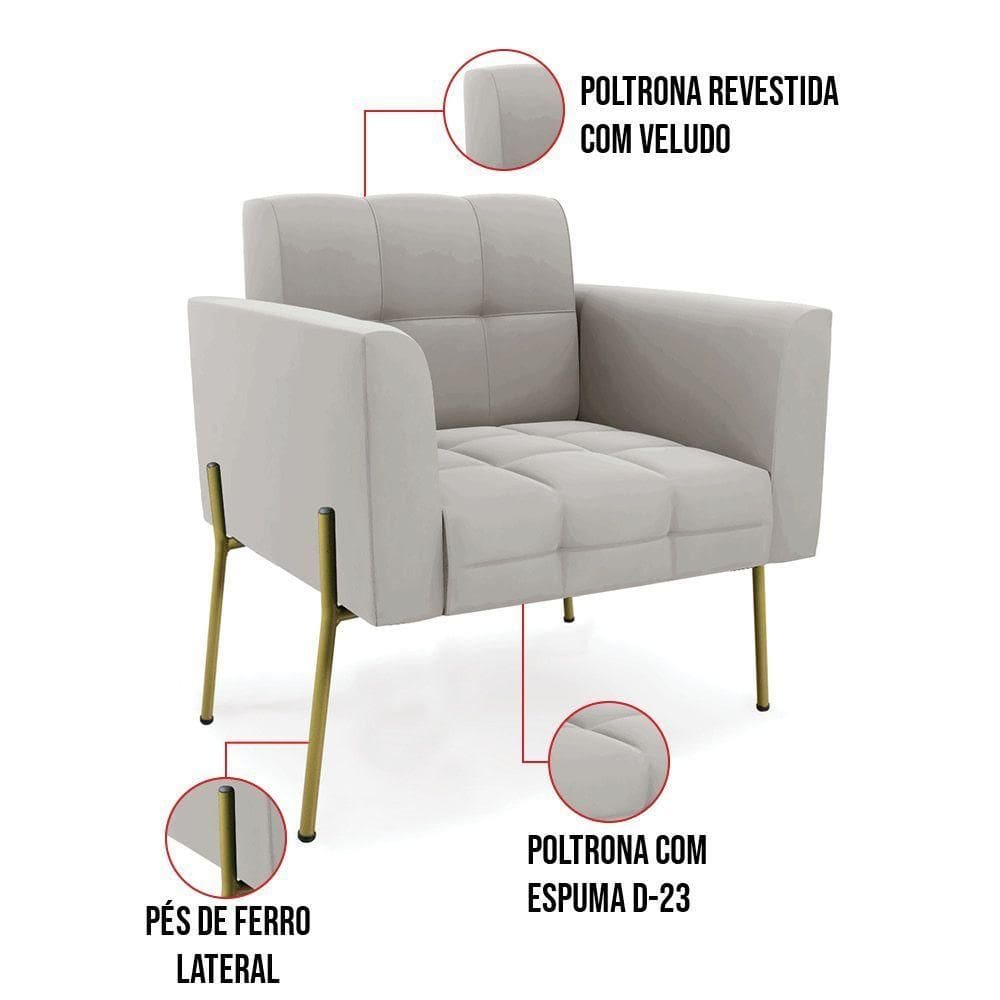 Poltrona Pé De Ferro Dourado Para Sala Elisa Veludo D03 - D`rossi Cor Cinza