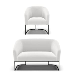 Sofá Namoradeira E Poltrona Base Industrial Preto Stella Bouclê Off White D03 - D`rossi
