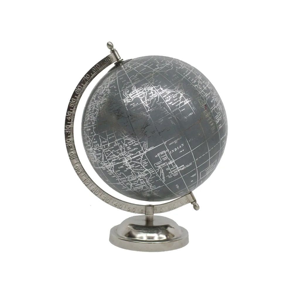 Globo Terrestre Decorativo em Metal Prata 28,5cm SRY0012 BTC