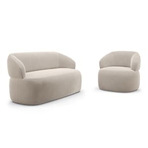 Kit Poltrona Giratória E Sofá Orgânico Living Glee 03 Lugares 170cm Veludo Bege - Desk Design