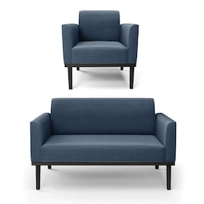 Sofá Namoradeira Com Poltrona Base De Madeira Fixa Preto Marisa Suede Azul Marinho D03 - D`Rossi