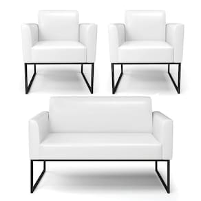 Sofá Namoradeira Com 2 Poltronas Base Industrial Preto Marisa Corano Branco D03 - D`rossi