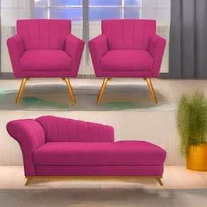 Kit Diva Recamier Vanessa 160Cm Lado Direito E 02 Poltronas Laura Suede Cor Pink