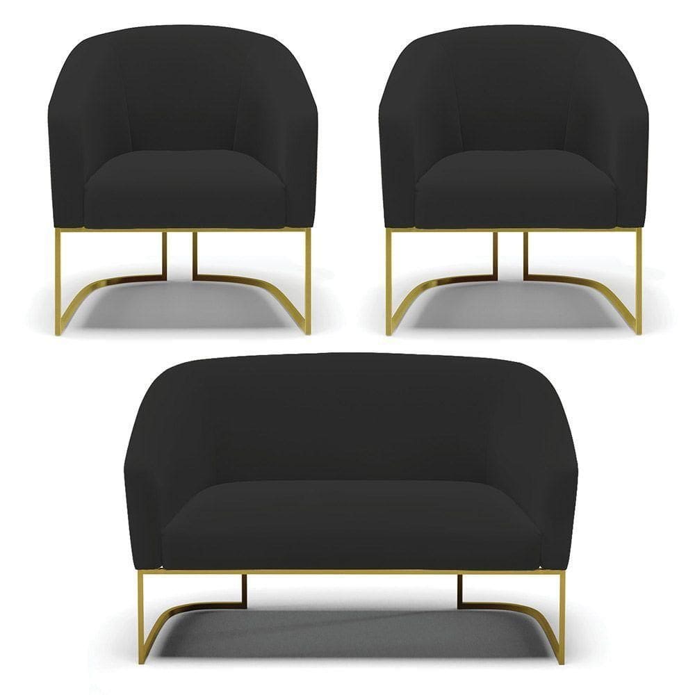 Sofá Namoradeira E 2 Poltronas Base Industrial Dourado Stella Veludo Preto D03 - D`rossi