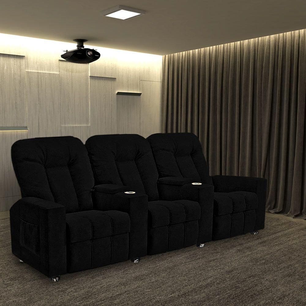 Poltrona Reclinável 3 Lugares Para Sala De Cinema Arsenal Veludo Preto