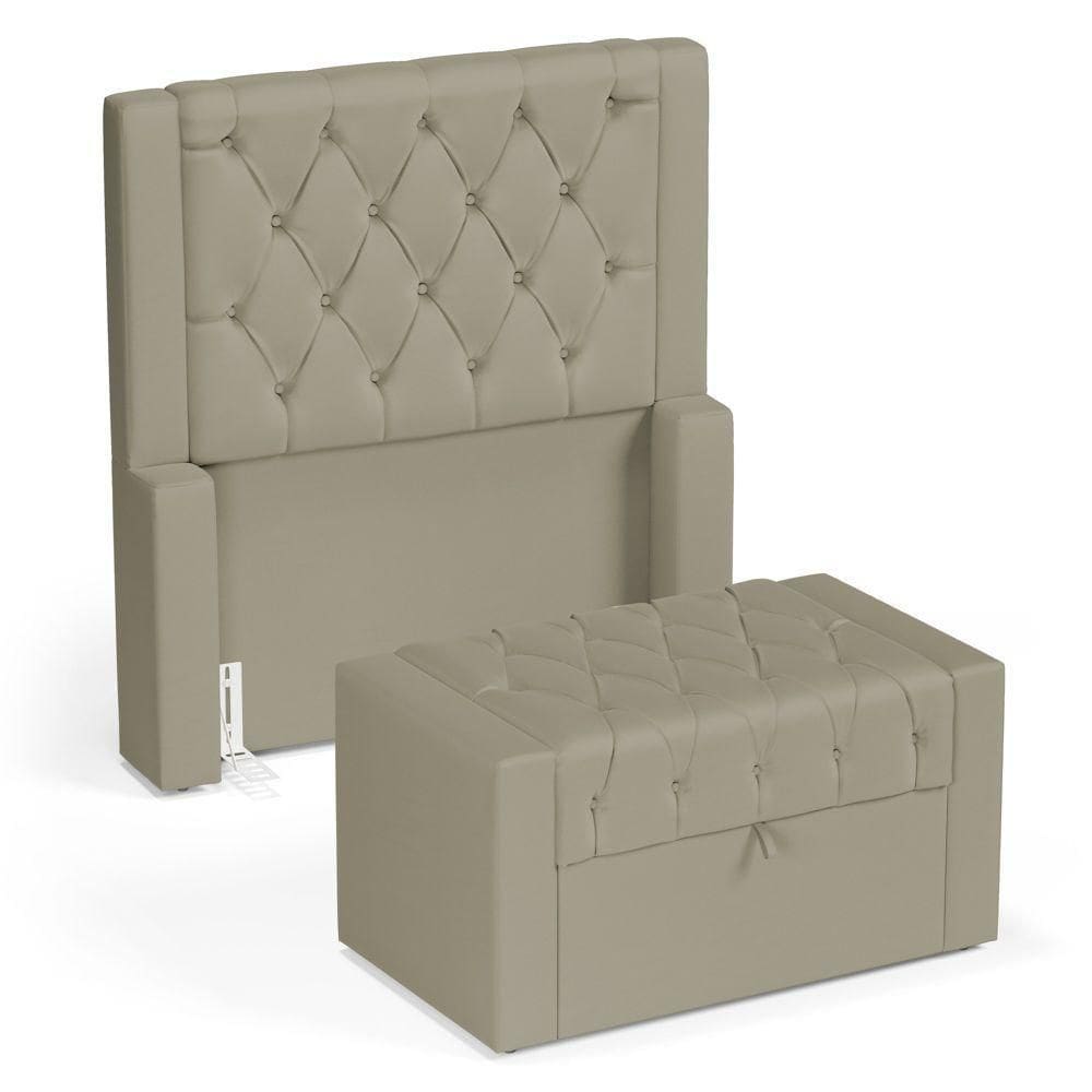 Cabeceira E Calçadeira Báu Solteiro Atena 90cm Capitonê Veludo Bege - Desk Design
