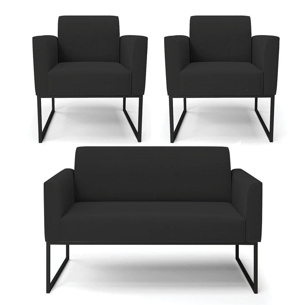 Sofá Namoradeira Com 2 Poltronas Base Industrial Preto Marisa Veludo Preto D03 - D`rossi