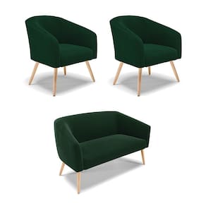 Namoradeira e 2 Poltronas Pé Palito Natural Stella Bouclê Verde D03 - D`Rossi