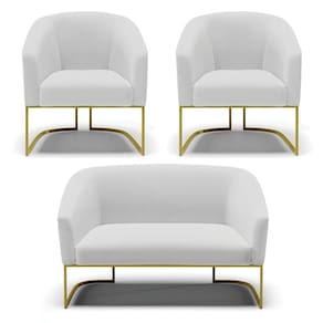 Namoradeira E 2 Poltronas Base Industrial Dourado Stella Linho Cinza A05 D03 - D`rossi