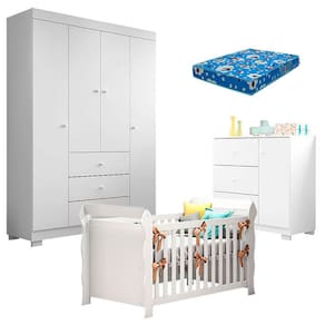 Quarto de Bebê Duda 4 Portas e Berço Americano Lara Branco Brilho com Colchão Ortobom - Phoenix Baby