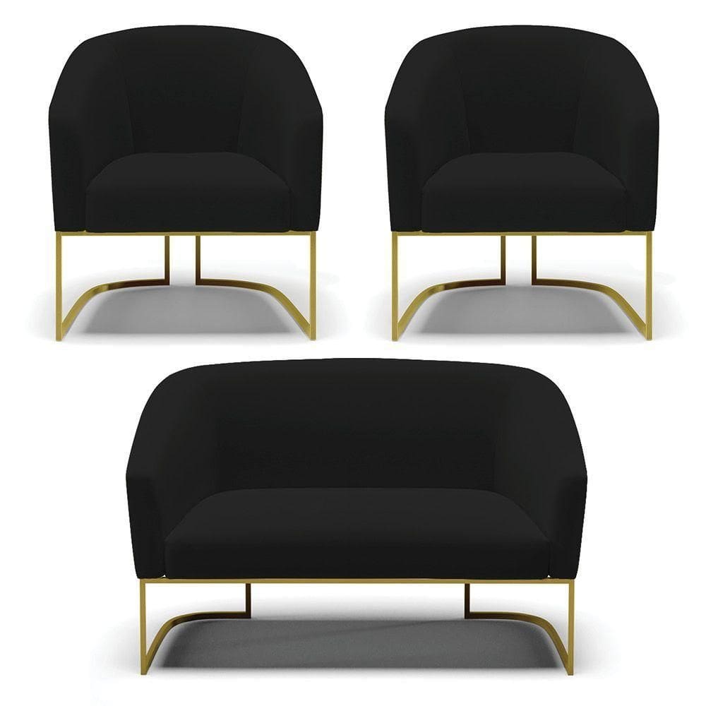 Namoradeira E 2 Poltronas Base Industrial Dourado Stella Linho Preto A79 D03 - D`rossi