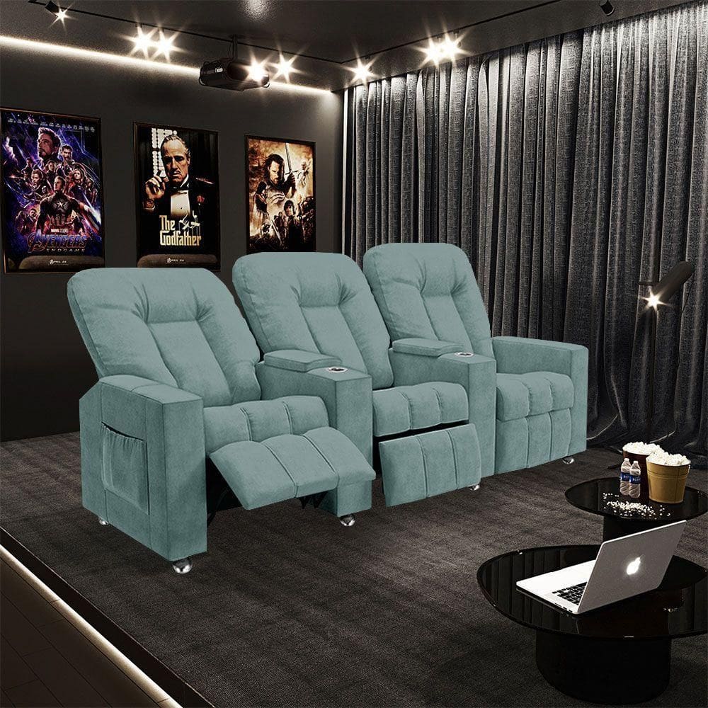 Poltrona Reclinável 3 Lugares Para Sala De Cinema Arsenal Veludo Azul Claro